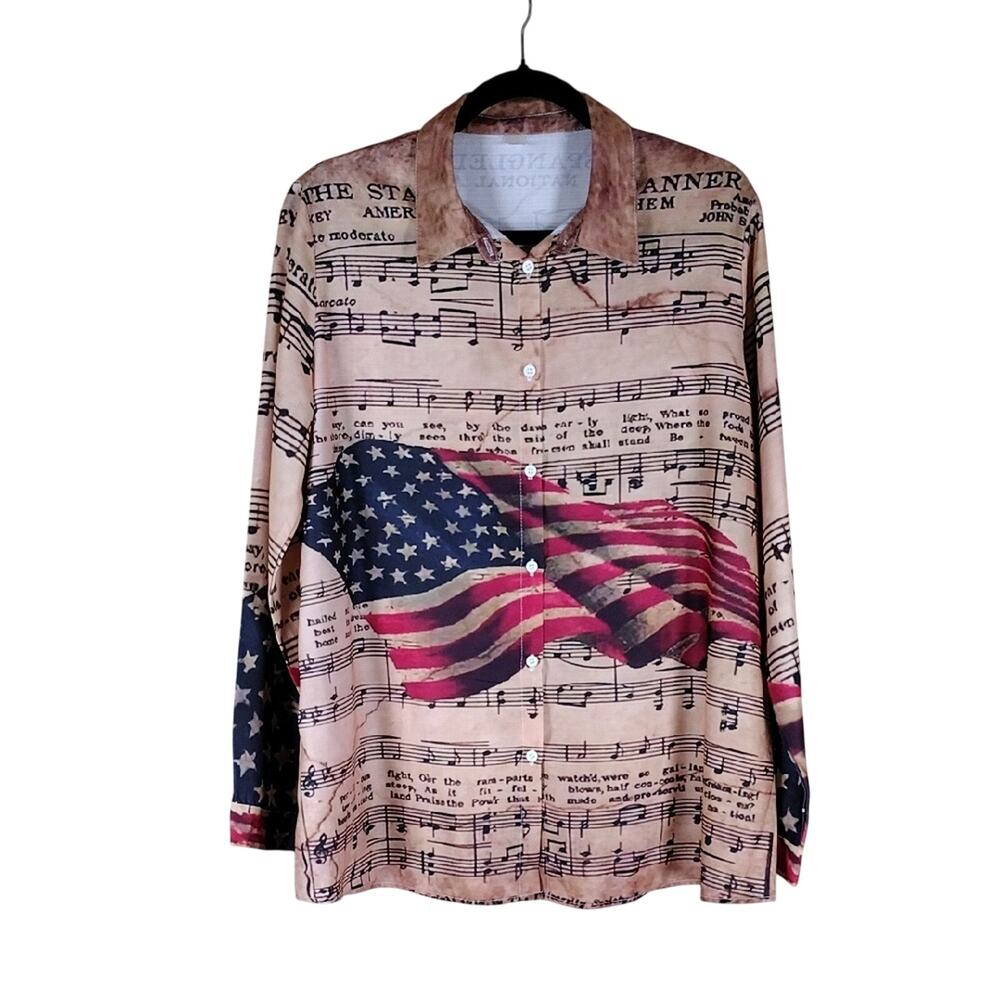 NWOT Red White Blue Patriotic American Flag Flowy Button Down Long Sleeve Shirt